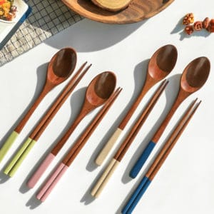 Wooden Spoon Chopsticks Sets Korean Dinnerware Combinations Chopsticks and Spoons Set for Home Kitchen or Restaurant (4 Pairs)