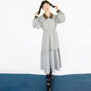 Flower Button Frill Puff Check Long Dress